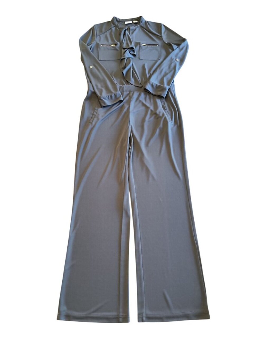 Chicos Olive Green Long Sleeve Jumpsuit W/ Gold Zipper Accents Ruffle Neck Detai